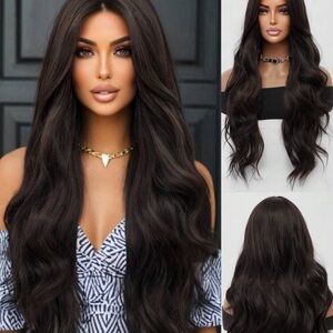 Black Brown Long Curly Wave Wig Breathable Heat Resistant Synthetic 34in